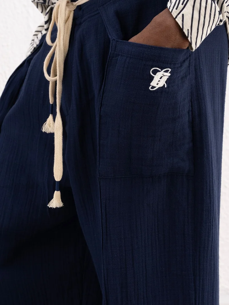 Giesto Navy Blue GIESTO Wide Leg Cotton Drawstring Pants for Men | Best Price UAE